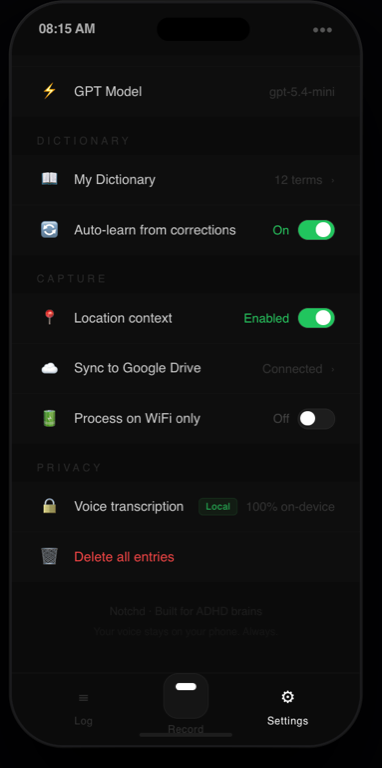 Notchd settings showing local transcription and AI model options
